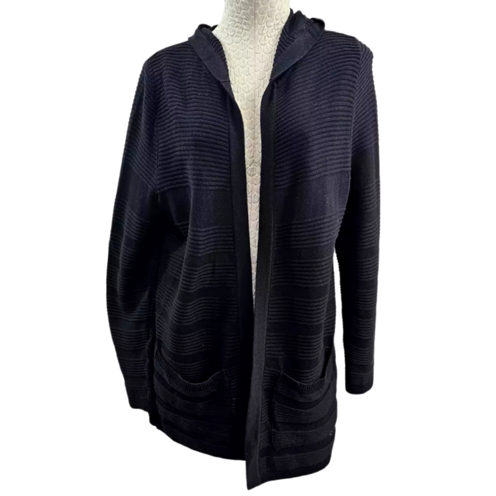 CJ Banks Women's Plus 14W Black Ribbed Hooded Open Front‎ Cardigan Sweater NWT